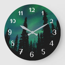 Northern Lights Green Night Sky Forest Große Wanduhr