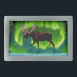 Northern Lights Moose Rechteckige Gürtelschnalle<br><div class="desc">Ein immer leicht stilisiertes Bild eines Elchs,  der gegen die Nordlichter silbrig geschmückt ist.</div>