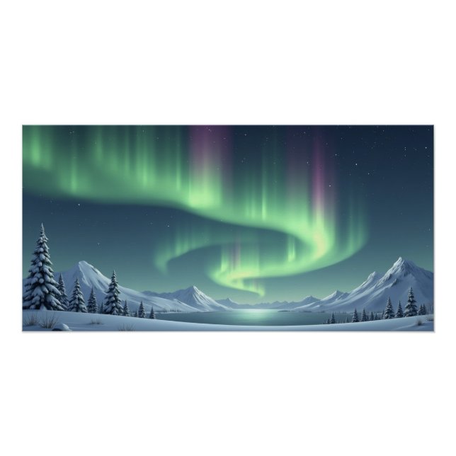 Northern Lights Over Snowy Mountains Poster (Vorderseite)