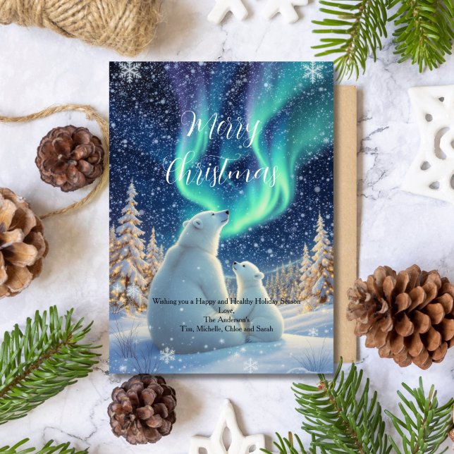 Northern Lights Polar Bären Weihnachtskarte (Northern Lights Polar Bears Winter Holiday Christmas Greeting Card. Printed or Digital Download)