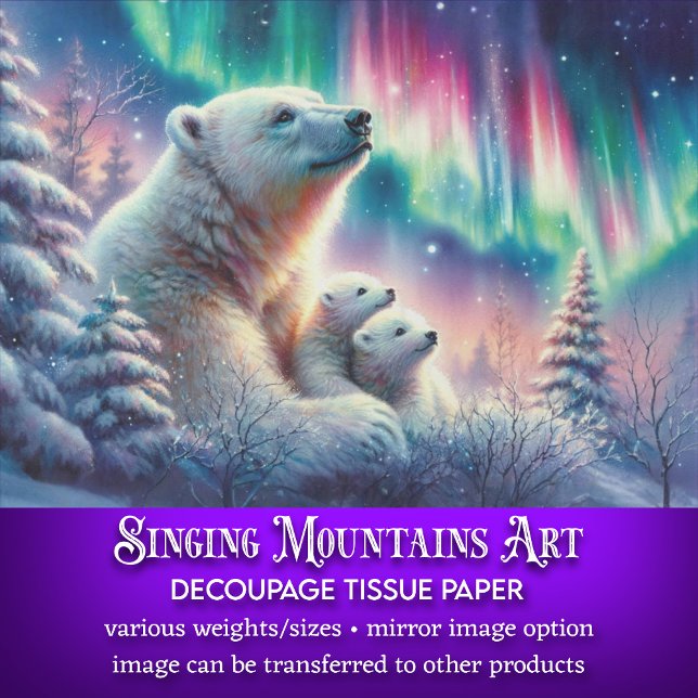 Northern Lights Polar Bear Familie Winter Decoupag Seidenpapier (Von Creator hochgeladen)