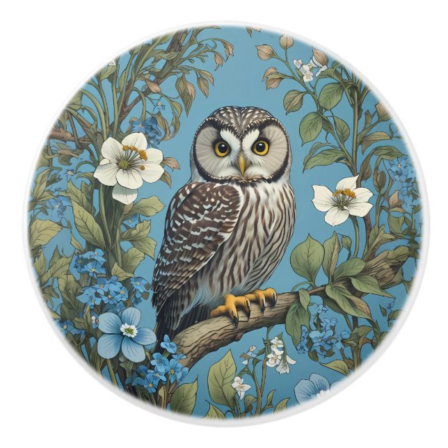 Northern Saw-Whet Owl William Morris Inspiriert Keramikknauf (Vorderseite)