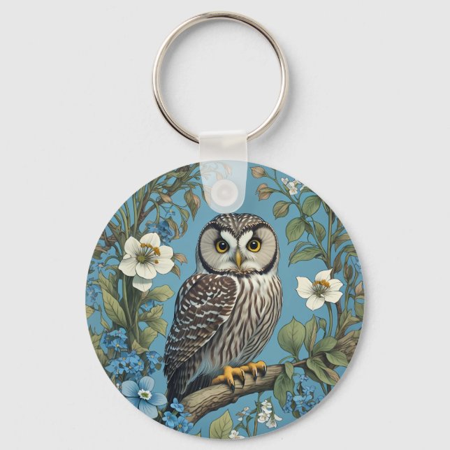 Northern Saw-Whet Owl William Morris Inspiriert Schlüsselanhänger (Vorderseite)