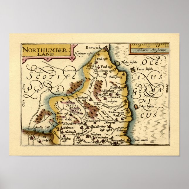 Northumberland Landkreis England Alte antike Karte Poster (Vorne)