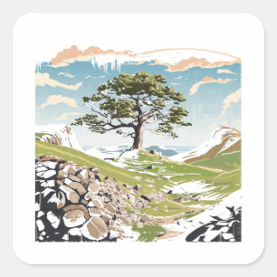 Northumberland Nationalpark Sycamore Gap Tree Quadratischer Aufkleber