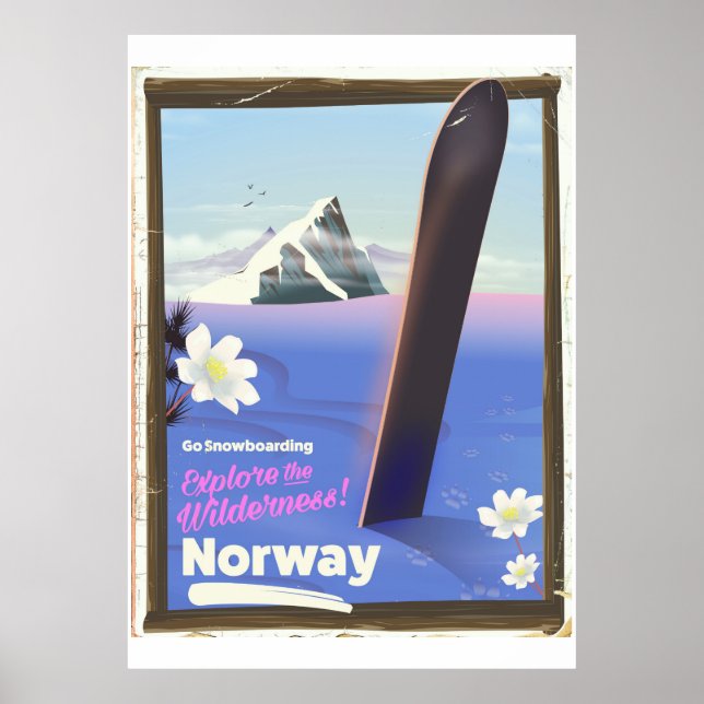 Norvège Snowboard affiche de voyage de style vinta (Devant)