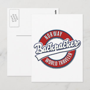 Norwegen Backpacker World Traveller Logo. Postkarte