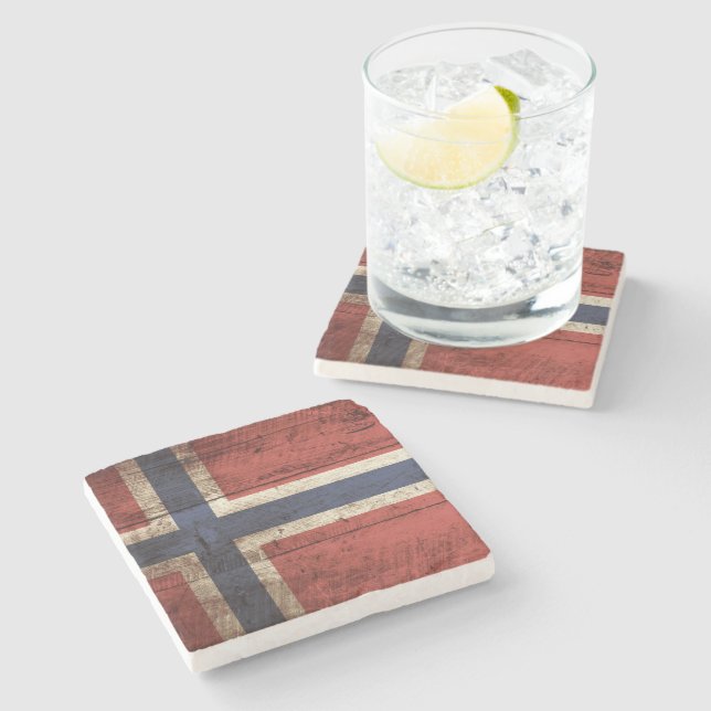 Norwegen-Flagge auf altem hölzernem Korn Steinuntersetzer (Seitenansicht)
