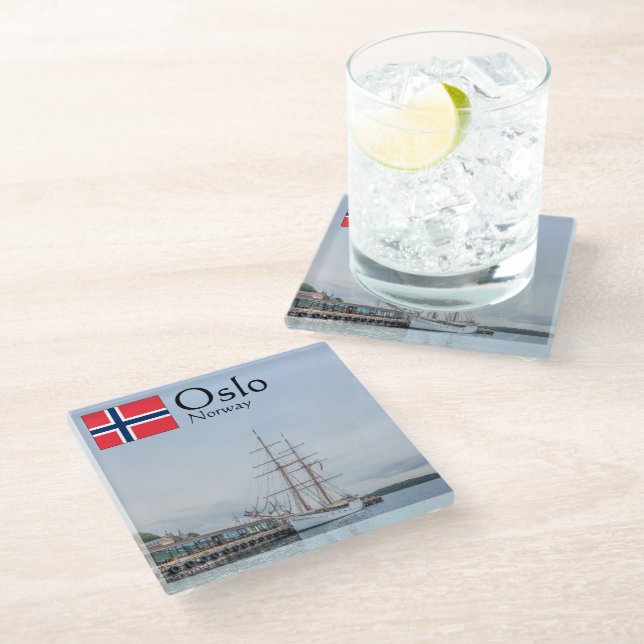 Norwegen Oslo Souvenir Glasuntersetzer (Schrägansicht)