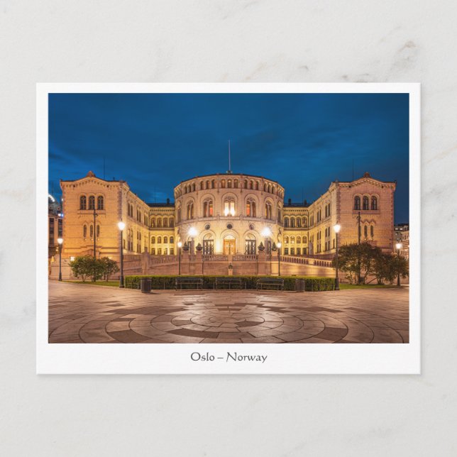 Norwegen Oslo Storting Gebäude bei Nacht Postkarte (Vorderseite)