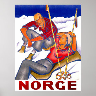 Norwegen, Paar im Winterurlaub, Skifahren, Vintage Poster