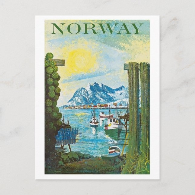 Norwegen Sonne, Schiffe an der Küste, Berge, Vinta Postkarte (Vorderseite)