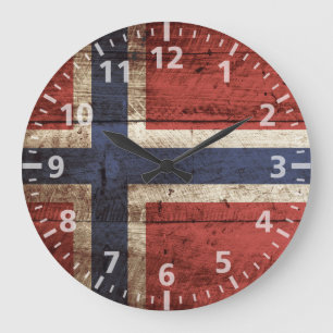 Norwegenflagge auf altem Holzkorn Große Wanduhr