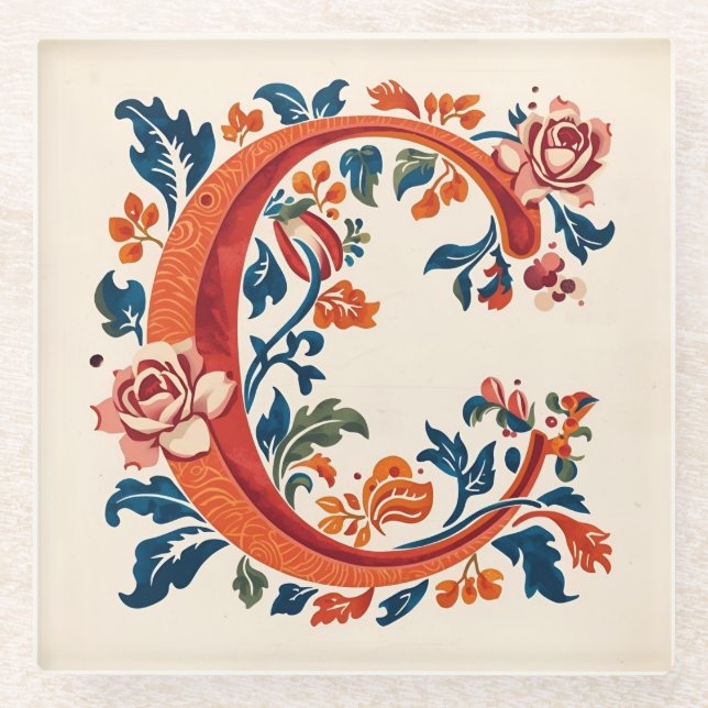 Norwegian Norway Rosemaling Initial C Glasuntersetzer (Vorderseite)