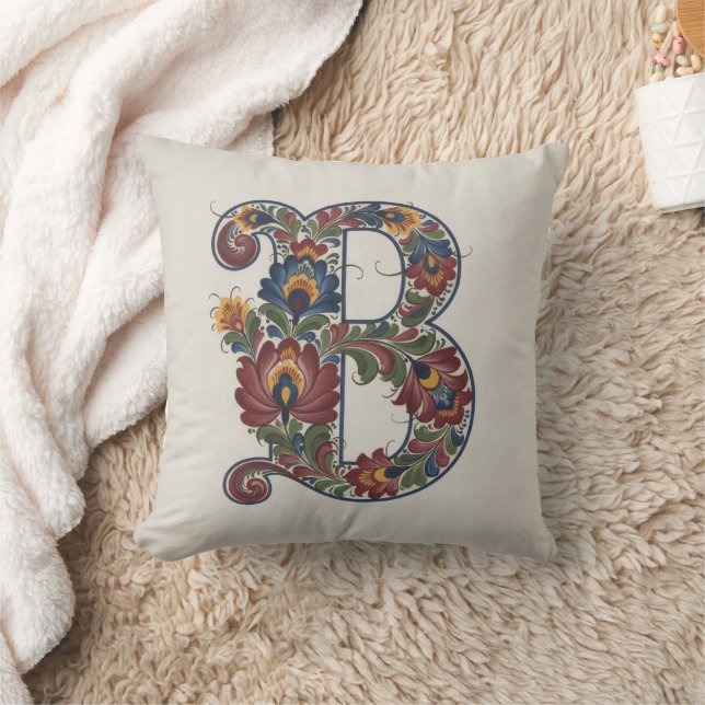 Norwegian Rosemaling Initial B, Throw Pillow Kissen (Decke)
