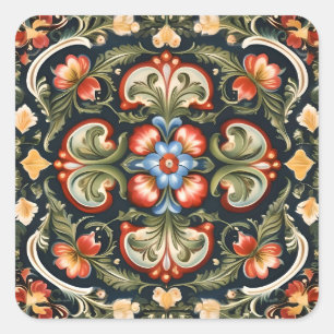 Norwegianische Rosemaling Dekorative Volkskunst Quadratischer Aufkleber