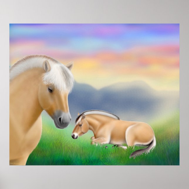 Norwegische Fjordpferde bei Morgendämmerung Poster (Vorne)