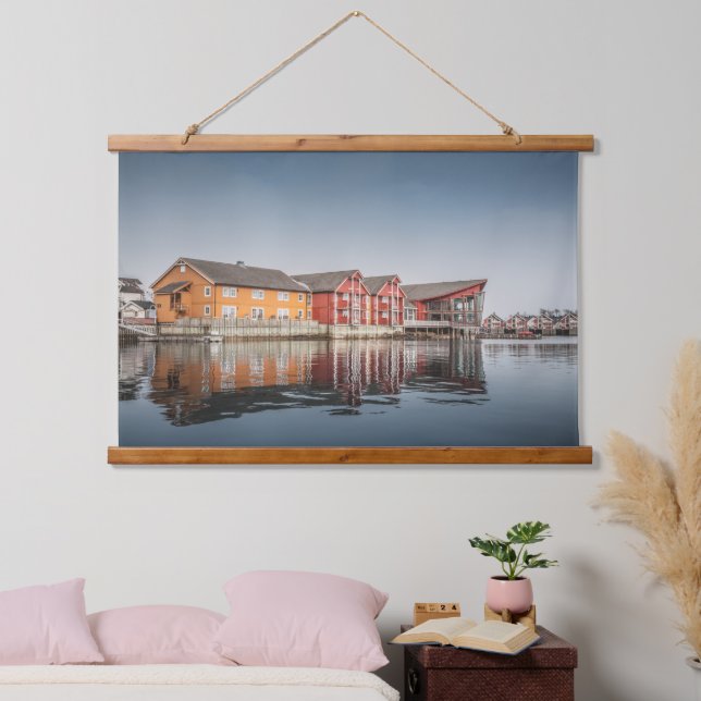 Norwegische Häuser Wandteppich Mit Holzrahmen (Schlafzimmer)
