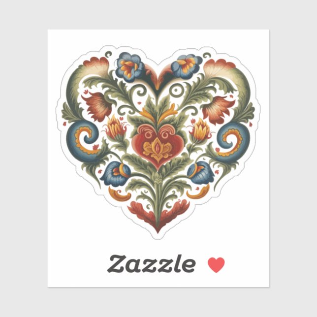 Norwegische Rosemaling Folk Art Heart Sticker (Blatt)