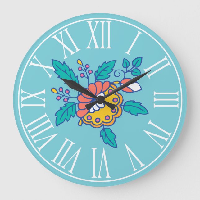 Norwegische Volkstümliche Blume Große Wanduhr (Vorderseite)