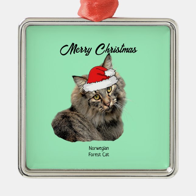 Norwegische Waldkatze mit Weihnachtsmannmütze Ornament Aus Metall (Vorne)