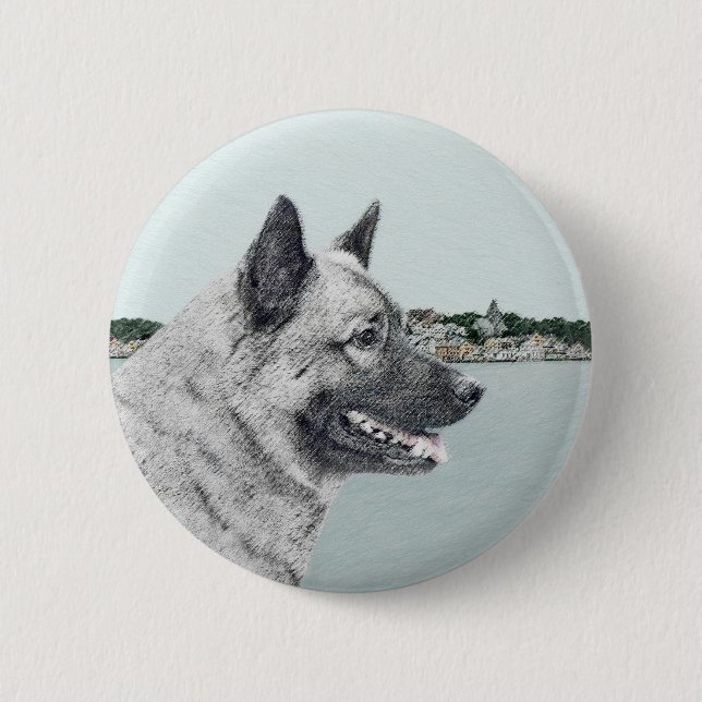 Norwegischer Elkhound bei Village Painting - Hunde Button (Vorderseite)