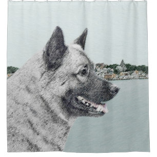 Norwegischer Elkhound bei Village Painting - Hunde Duschvorhang