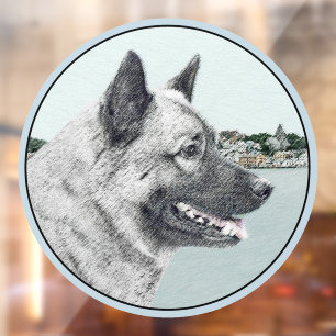 Norwegischer Elkhound bei Village Painting - Hunde Fensteraufkleber
