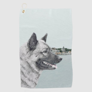 Norwegischer Elkhound bei Village Painting - Hunde Golfhandtuch