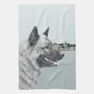 Norwegischer Elkhound bei Village Painting - Hunde Handtuch