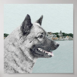 Norwegischer Elkhound bei Village Painting - Hunde Poster