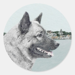 Norwegischer Elkhound bei Village Painting - Hunde Runder Aufkleber