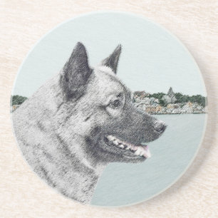 Norwegischer Elkhound bei Village Painting - Hunde Sandstein Untersetzer