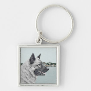 Norwegischer Elkhound bei Village Painting - Hunde Schlüsselanhänger