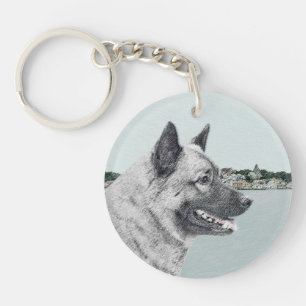 Norwegischer Elkhound bei Village Painting - Hunde Schlüsselanhänger