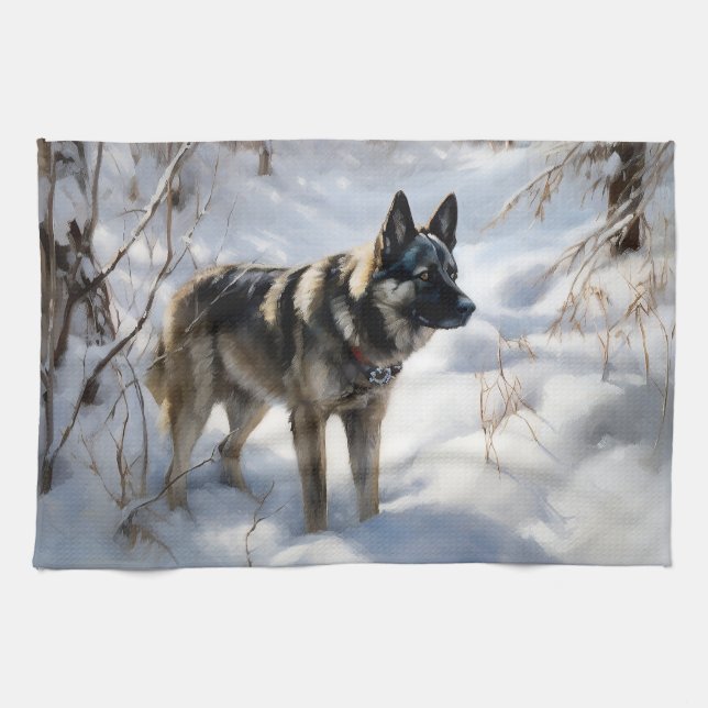 Norwegischer Elkhound lassen es Weihnachten schnei Geschirrtuch (Horizontal)