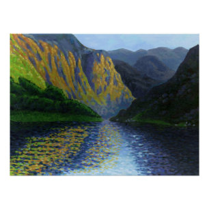Norwegischer Fjord nähert sich Sonnenuntergang Poster