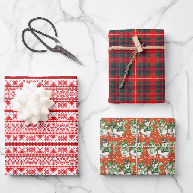 Norwegischer Weihnachtssüßer Roter Karierter Schne Geschenkpapier Set (Vorderseite)