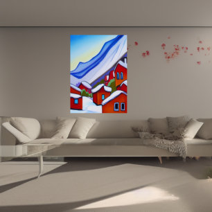 Norwegisches Dorf im Berg AI Art Poster