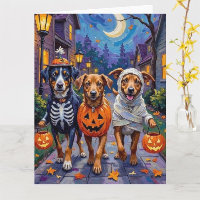 Norwegisches Lundehund Trick-or-Treating Halloween Karte (Gelbe Blume)