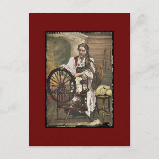 Norwegisches Mädchen auf einem Spinnrad Postkarte (Vorderseite)