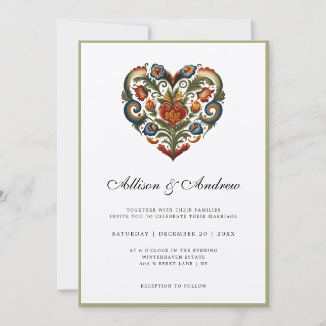Norwegisches Rosemalherz | Hochzeit Einladung (Vorderseite)