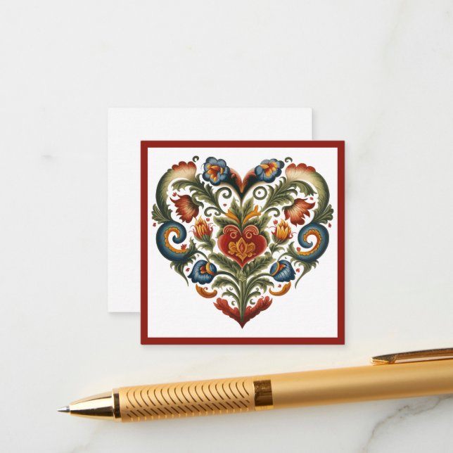 Norwegisches Rosemaling Folk Art Herz Begleitkarte (Vorderseite/Rückseite Beispiel)