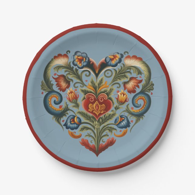 Norwegisches Rosemaling Folk Art Herz Pappteller (Vorderseite)