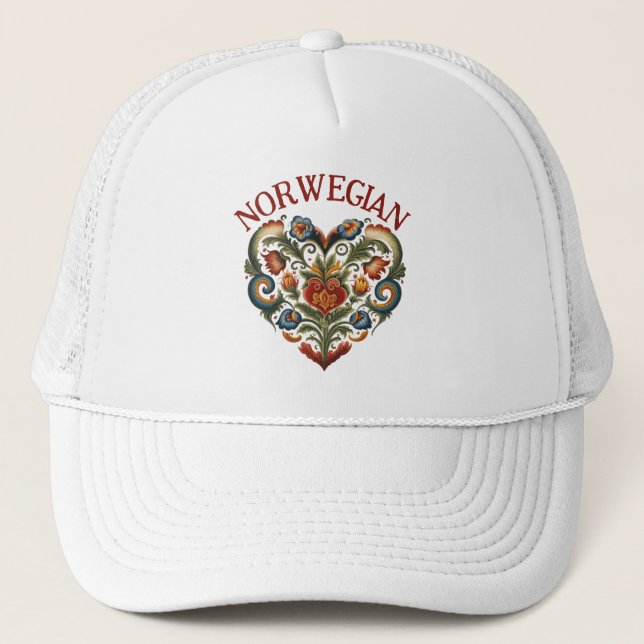 Norwegisches Rosemaling Folk Art Herz Truckerkappe (Vorderseite)