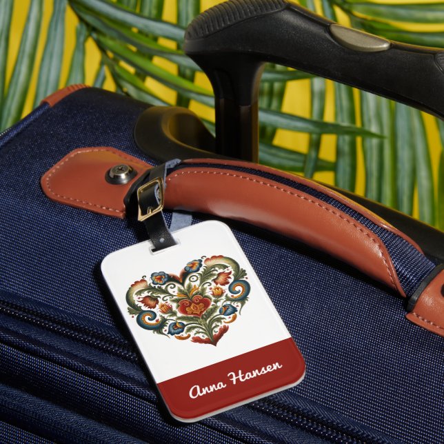 Norwegisches Rosemaling Folkloreherz Personalisier Gepäckanhänger (Vorderseite Insitu 1)