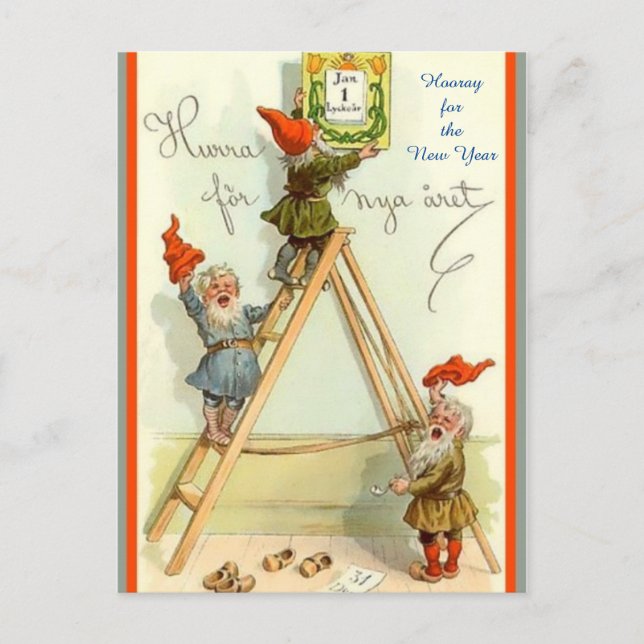Norwegisches Tomte-Neujahr "Hurrah for Nya aret" Postkarte (Vorderseite)