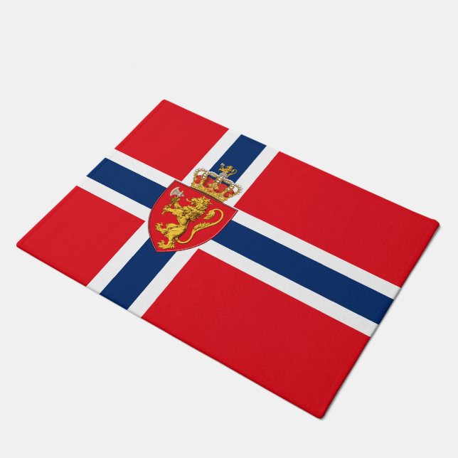 Norwegisches Wappen auf norwegischer Flagge, Norwe Fußmatte (Schrägansicht)
