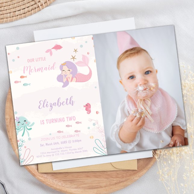 Nos petites sirènes roses Invitations avec photo (Our Little Pink mermaid Invitations with photo)