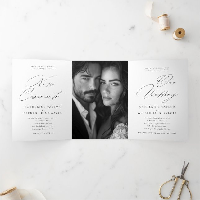 Nosso Casamento English Portuguese Wedding Dreifach Gefaltete Einladung (Innenseite)